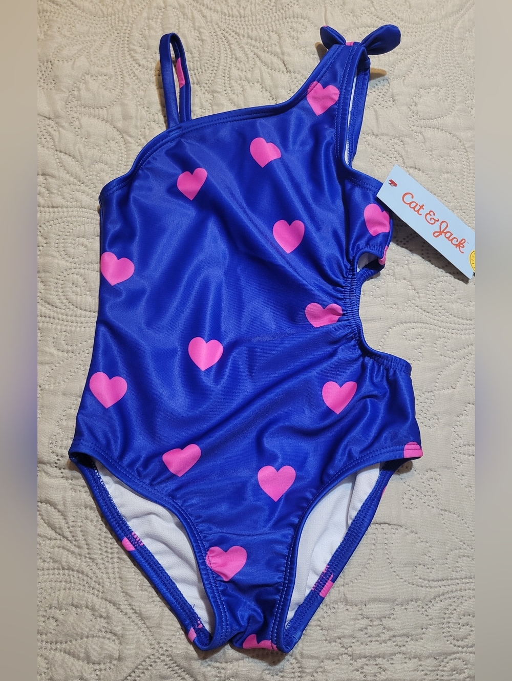 Cat & Jack Blue One-Piece Swimsuit with Pink Hearts